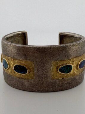 Boulder Opal Inlay Wide Cuff Bracelet Sterling Silver 14K Gold 67g